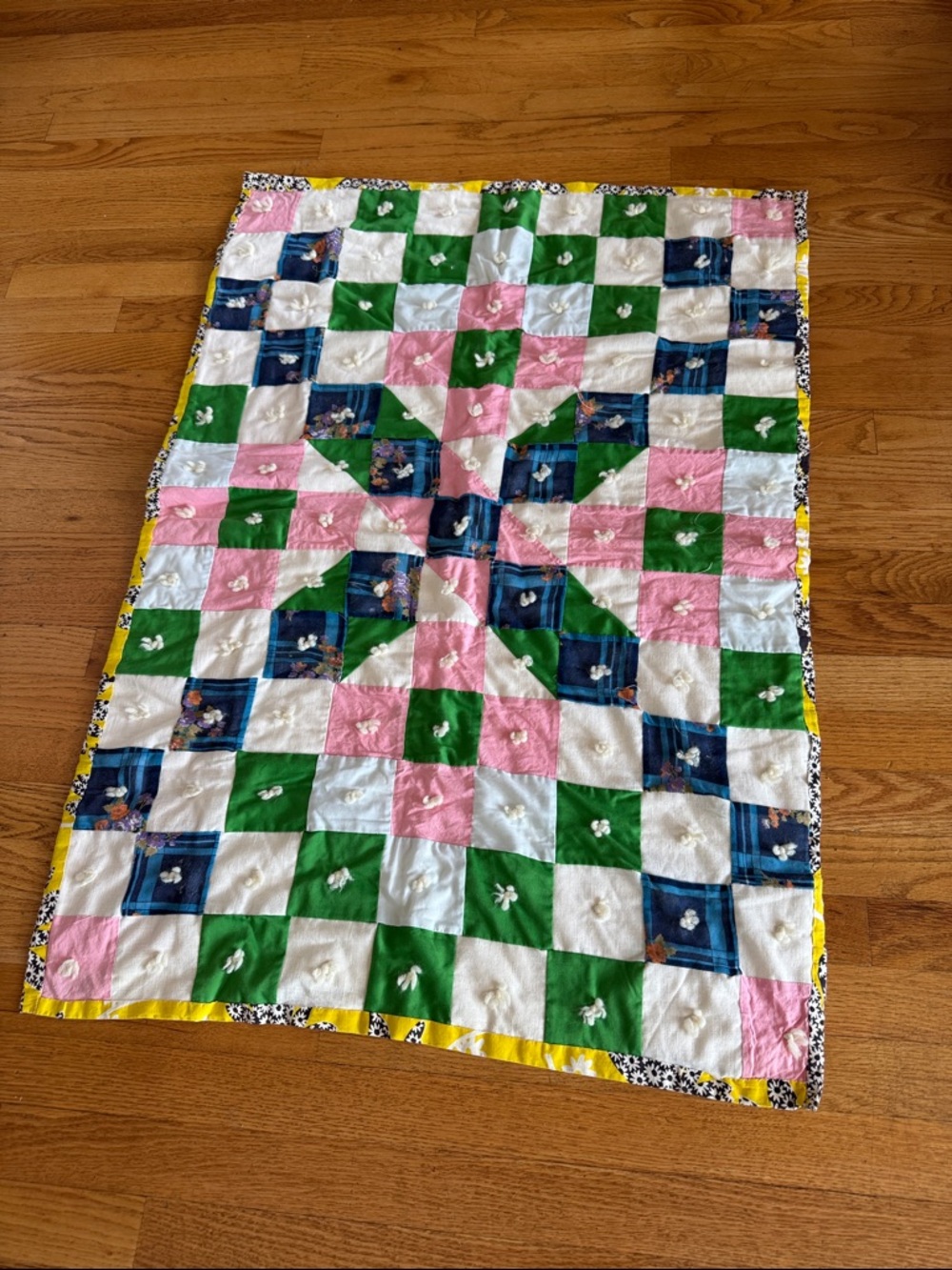 Patchwork Cotton Quilt in Green, Pink, Blue & White 28 inch x 40 inch